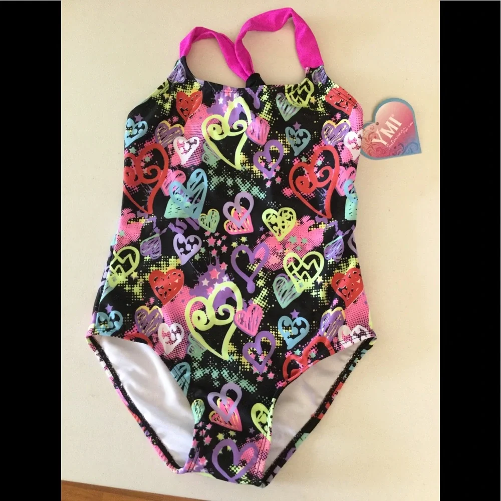 NWT YMI 1pc heart print fuschia straps, blk bungee